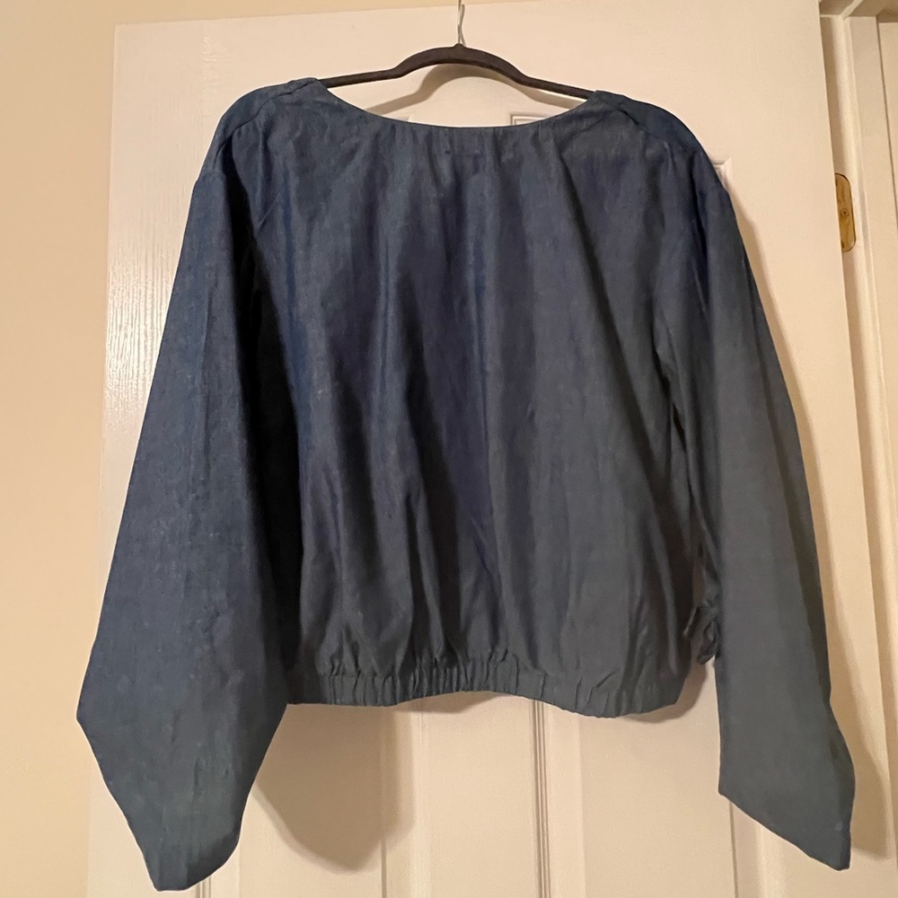 Adorable Chambray Tie Sleeve and Back Blouse
